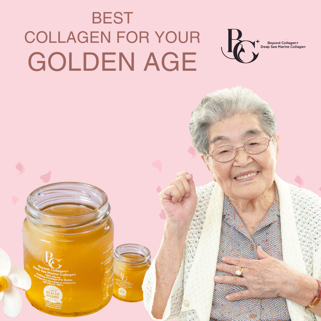 Best collagen for your golden age - old lady with a bottle of collagen on the side by Beyond Collagen+