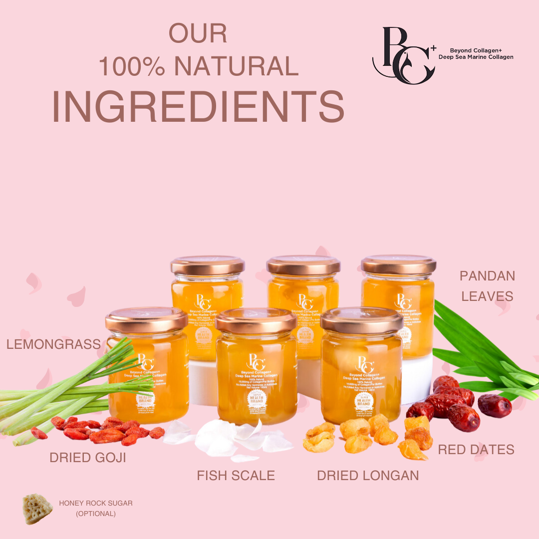 Beyond Collagen Plus ingredients - fish scale, dried longan, red rates, pandan leaves, dried goji, lemongrass